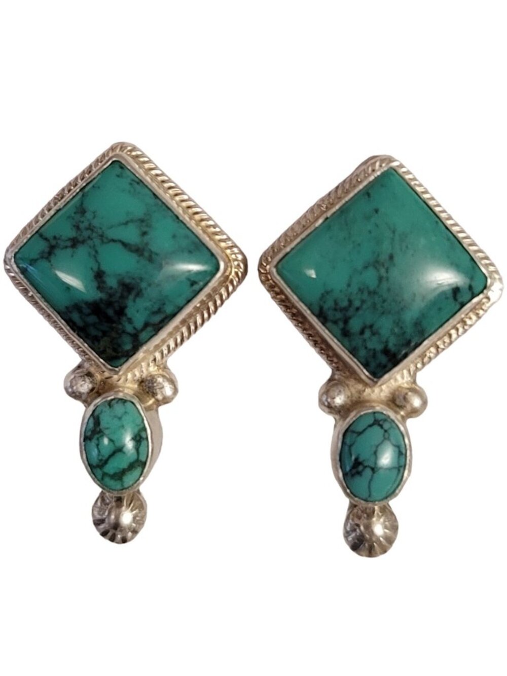 Victor Sterling, Turquoise Square Oval Clip-On Earrings, Signed E1